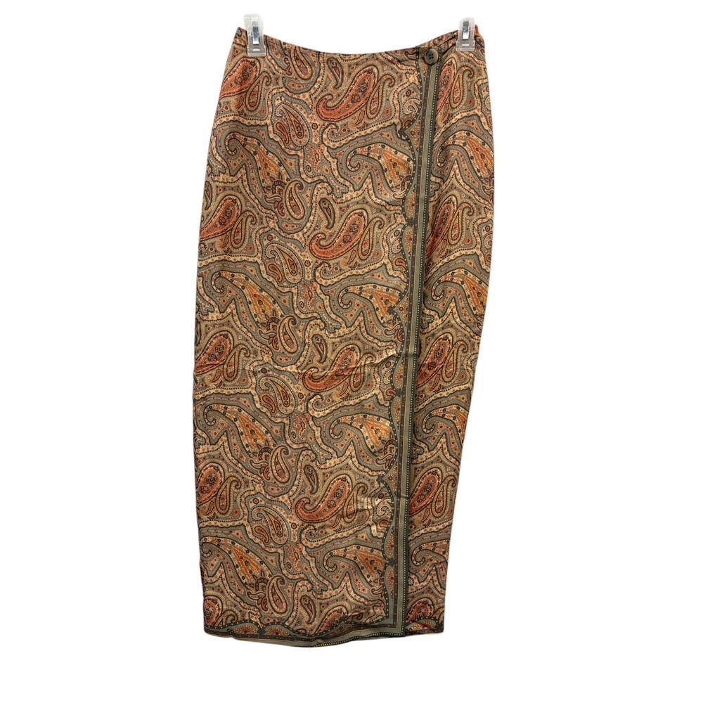 Vintage WORTH Silk Paisley Wrap Skirt Boho Midi Brown Tan Luxe Chic Designer 10